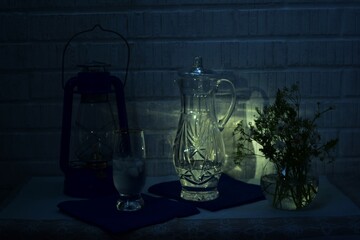still life, water jug, kitchen utensils
