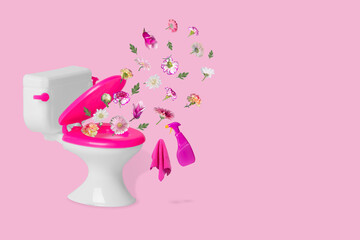 Creative idea with a toilet bowl, bottle with a spray and various flowers flying in the air on a light pink background