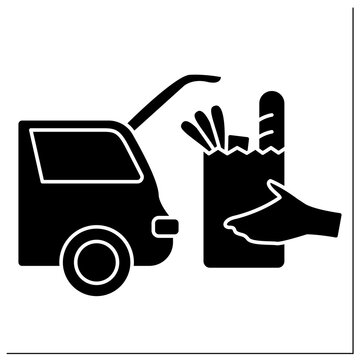 Curbside Pickup Glyph Icon.Transporting Products From Grocery Into Car Trunk.Safe Way Pick Up Orders From Supermarkets.Contact-free Delivery.Filled Flat Sign. Isolated Silhouette Vector Illustration