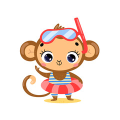 Vector flat illustration of cute cartoon summer monkey with swimming ring and diving mask. Summer tropical animals on the beach