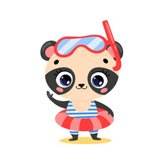 Naklejka premium Flat illustration of cute cartoon summer panda with swimming ring and diving mask. Summer tropical animals on the beach