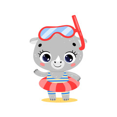 Flat illustration of cute cartoon summer rhinoceros with swimming ring and diving mask. Summer tropical animals on the beach