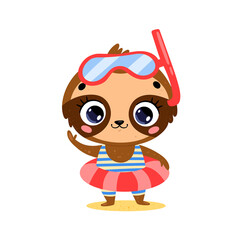Vector flat illustration of cute cartoon summer sloth with swimming ring and diving mask. Summer tropical animals on the beach
