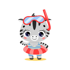 Flat illustration of cute cartoon summer zebra with swimming ring and diving mask. Summer tropical animals on the beach