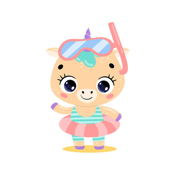 Flat illustration of cute cartoon summer unicorn with swimming ring and diving mask. Summer tropical animals on the beach