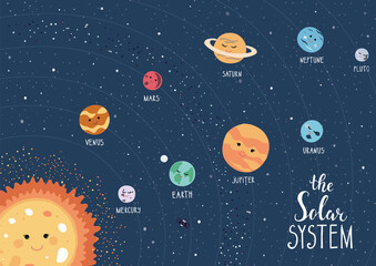 Vector illustration of the solar system. Science, technology, comets, stars, space. Sun,Mars, Venus, Neptune, Saturn, Uranus. Pluto, Mercury.  © ALENA