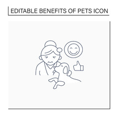 Pets benefits line icon. Dog provide valuable companionship for older adults. Healthy aging. Animal caring concept. Isolated vector illustration.Editable stroke