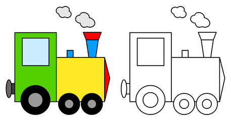 Train toy colorful and black and white. Coloring book page for children. Locomotive colored and outline vector illustration isolated on white background. © Veronika