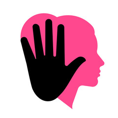 Concept of domestic violence - silhouette of a woman's head and hand in stop gesture. Vector illustration on a white background.