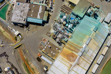 Aerial panoramic view on of industrial zone chemical factory production