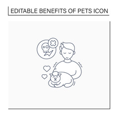 Pets benefits line icon.Cat provide sensory stress relief. Reduce anxiety, depression. Animal caring concept. Isolated vector illustration.Editable stroke