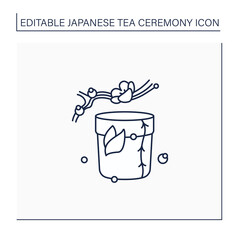 Tea caddy line icon. Special box for traditional herbal tea.Japanese ethnic and national ceremony. Sakura twig. Tea ceremony concept.Isolated vector illustration.Editable stroke