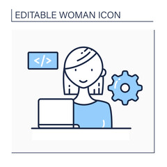 Woman software engineer line icon.Source code. System maintenance and development. Computer programmer. Writing code process. Computer programming concept. Isolated vector illustration.Editable stroke