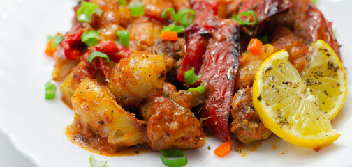 Tuscan style sauce with gnocchi, pork and beef meatballs and grilled red peppers garnished with fresh parsley and chive