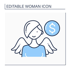 Female angel investor line icon. Investors who help willing to invest in promising, start-up opportunities. Good funding source. Successful plan concept. Isolated vector illustration.Editable stroke