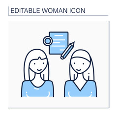 Business deal line icon. Communication about new profitable business plan. Launch startup. Intercourse about new projects. Successful women concept. Isolated vector illustration.Editable stroke