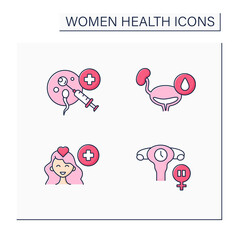 Women health color icons set.Reproductive system diseases. Urinary incontinence, mental care, menopause, IVF. Healthcare concept. Isolated vector illustrations