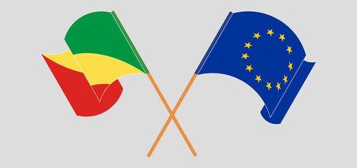 Crossed and waving flags of Republic of the Congo and the European Union