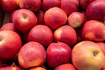 Fresh ripe apples on the counter of a farm shop
