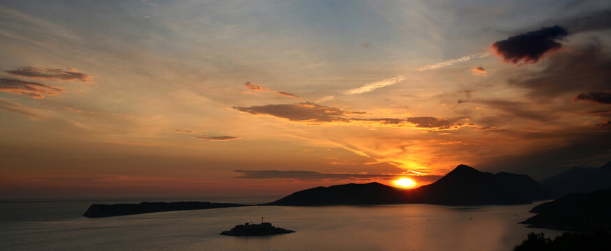 Fantastic sunset landscape with dramatic sky at Peninsula Lustica in Montenegro