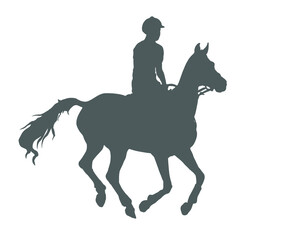 isolated silhouette on a white background, athlete riding a horse at a gallop, show jumping,