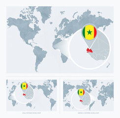 Magnified Senegal over Map of the World, 3 versions of the World Map with flag and map of Senegal.