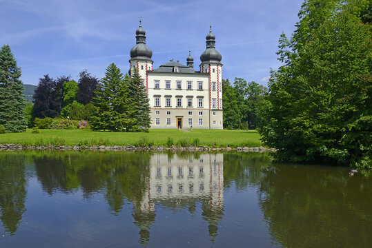 Vrchlabi castle reflecting in pond, Chzech Republic