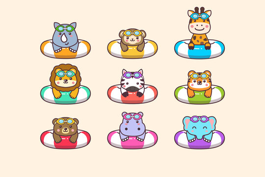 Cute Kawaii 
Zoo Summer Animals Swimming with Swimming Ring Buoy And Swimming Goggles