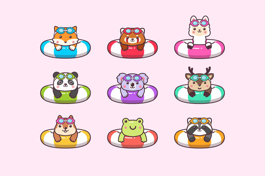 Cute Kawaii 
Woodland Summer Animals Swimming with Swimming Ring Buoy And Swimming Goggles