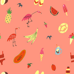Summer cute vector seamless pattern on pink background. Flamingos, sunscreen, fruits, refreshing drinks, ice cream cone.