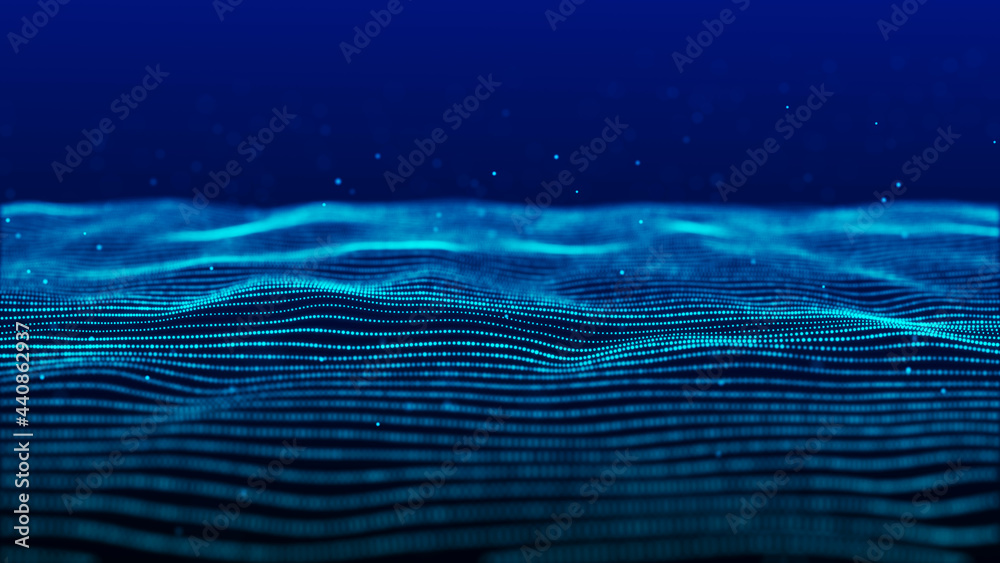 Poster wave of particles. dynamic wave on blue background. big data visualization. data technology abstract