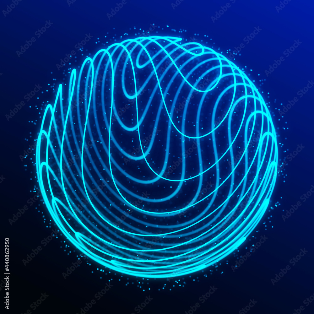 Poster Abstract 3d sphere. Sphere with twist lines. Glowing lines twisting Logo design. Outer space object. Futuristic technology style. Sphere particles. 3d rendering.