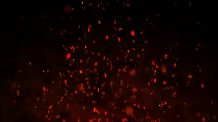 Fire sparks background. Fire flying sparks. Burning red sparks. Abstract dark glitter fire particles lights. 3D rendering.