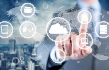 Data storage concept with businessman pushes a button with cloud service icons.
