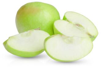 Green isolated apple and a variety of isolated apple slices.