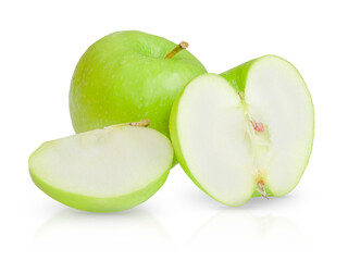 Green isolated apple and a variety of isolated apple slices.