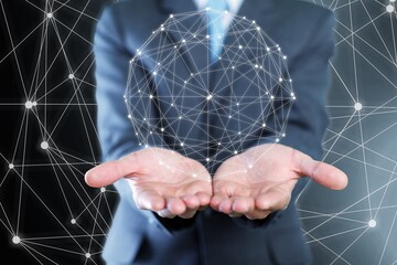 Global digital connections with technology in human hands.