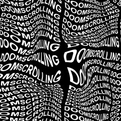 DOOMSCROLLING word warped, distorted, repeated, and arranged into seamless pattern background. High quality illustration. Modern wavy text composition for background or surface print. Typography.