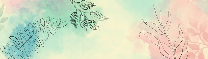 Abstract minimal flower leaves outlines in black on yellow background with pink blue and green watercolor painted border design, trendy modern botanical or floral art illustration with simple sketch © Arlenta Apostrophe