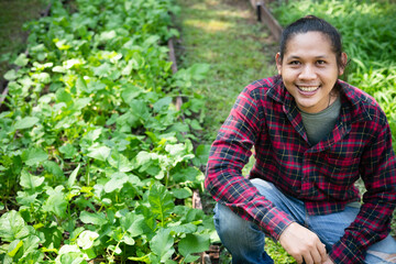 Asian man farmer sitting and smile in organic vegetable garden