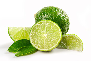 Lime with half and leaves isolated on white background.