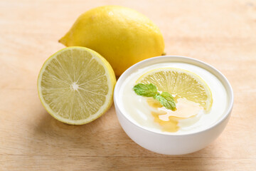 Fresh lemon and yogurt in a bowl with honey, Healthy eating and beauty skincare