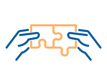 Matching puzzle pieces vector thin line icon. Two hands joining and linking together two pieces of a jigsaw puzzle. Business solutions, ideas, creativity, problem solving and partnerships