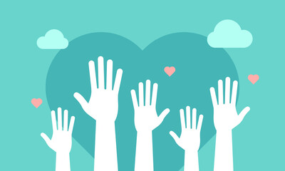 Volunteers and charity work. Social care raised helping hands. Illustration with a crowd of people ready and available to help and contribute. Positive foundation, business, service.