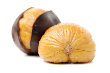 chinese food, peeled roasted chestnut on white background 