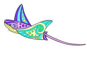Electric stingray - vector linear full color zentangle illustration - with sea animal living in the ocean. Template for stained glass, batik or coloring. Electric stingray painted with zentangles 