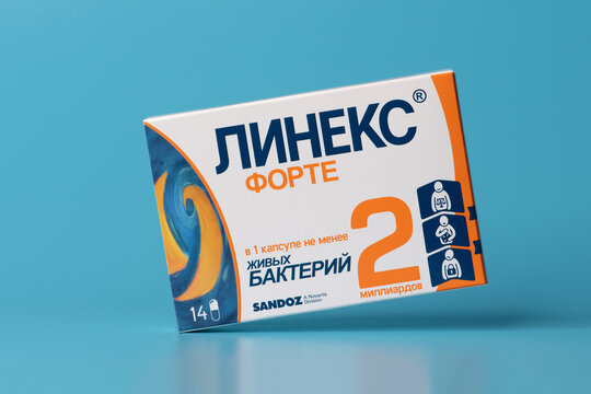 Moscow, Russia - 20 June 2021: Pills for .intestinal microflora. Russian inscription: "Lineks forte. 1 capsula contains not less than 2 billions of alive bacterias"