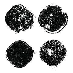 Set of black grungy post stamps. Vector distress textures of cracks, spots, dots. Blank dusty shapes for banners, logo, icons, badges, emblems, labels and pattern. Abstract dirty background