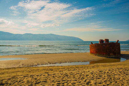 VLORA - VLORE, ALBANIA: Detail of the U8 submarine on the beach in Vlora.