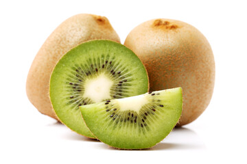 Whole and cut golden kiwifruit/ kiwi (Actinidia chinensis) on white background